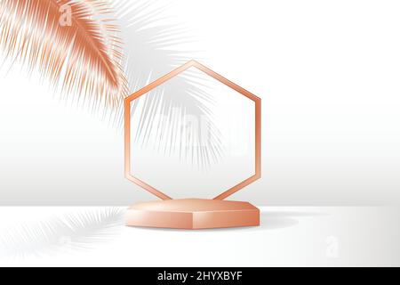 Rose Gold Palm Leaf Hexagon Podium Minimalist Blank Display Scene with White Background for  Product Showcase. Vector Illustration Stock Vector