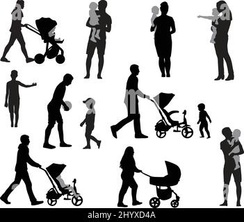 Silhouettes of mothers and fathers with children Stock Vector