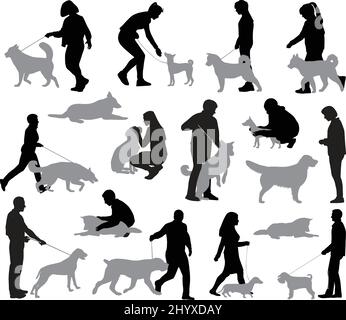 Silhouettes of people with dogs in different positions and situations Stock Vector