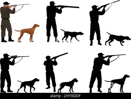 Collection of silhouettes of hunters with dogs Stock Vector