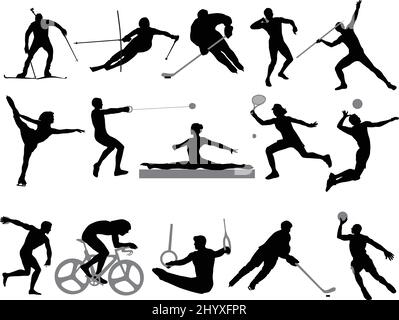 Silhouettes of athletes on trainings and competitions, a collection of sports Stock Vector