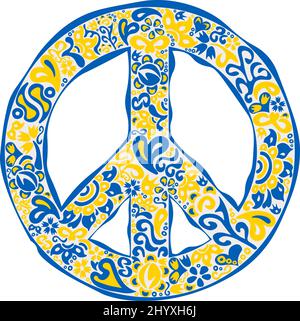 Folk art illustration pacific peace sign in Ukrainian flag colors and ethnical pattern Stock Vector