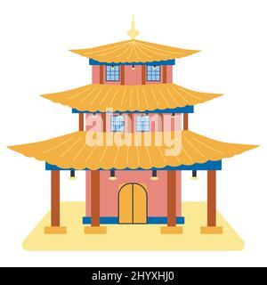 Diaojiaolou. Colorful Chinese buildings, flat isolated illustration. China town traditional pagoda house Stock Vector