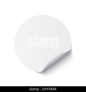 White paper round sticker with curl corner vector illustration. Circle sticker blank page leaf with curved rolled edge, empty flip document, template Stock Vector