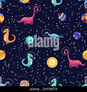 Dino in space seamless pattern. Cute dragon characters, dinosaur traveling galaxy with stars, planets. Kids cartoon background. Stock Vector