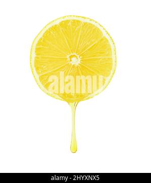 Lemon slice with dripping drop isolated with clipping path on white background. Stock Photo