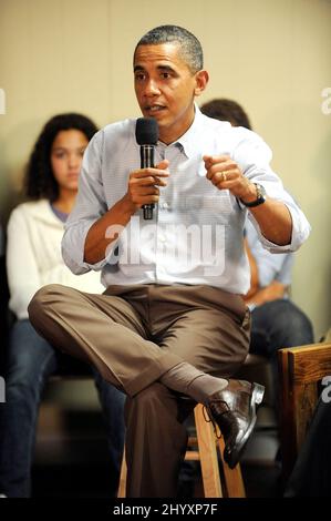 US President Barack Obama during a discussion on the economy with families at the Southampton Recreation Center Association, Virginia