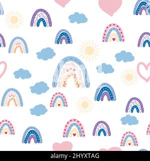 Rainbow seamless pattern in pastel colors. Scandinavian baby hand drawn illustration perfect for textiles and newborn clothes. Stock Vector