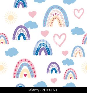 Rainbow seamless pattern in pastel colors. Scandinavian baby hand drawn illustration perfect for textiles and newborn clothes. Stock Vector