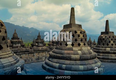 interesting view from temple Borobudur in Indonesia in the vacations in august Stock Photo