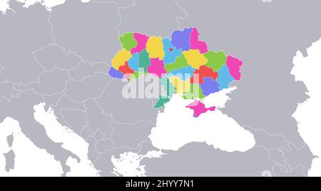 Ukraine map with individual regions colored and capital city, with individual neighboring states, blank Stock Photo