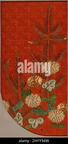 Kosode (Kimono) Fragment with Chrysanthemums and Pine. Japan, mid-Edo period (1615-1868), 18th century. Costumes; principal attire (entire body). Silk figured satin (rinzu), tye-resist (shibori) dyed, with silk and gilt-paper-wrapped-silk thread embroidery Stock Photo
