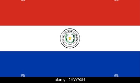 National Flag of Republic of Paraguay, An horizontal triband of red, white and blue, defaced on the obverse with the coat of arms of Paraguay, and on Stock Vector