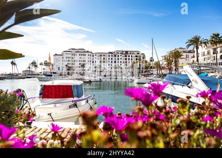 Beautiful panoramic view of 'Puerto de la Duquesa'. Yachts and boats docked in the Harbour. Luxury Apartment Urbanisation and Restaurants. Stock Photo