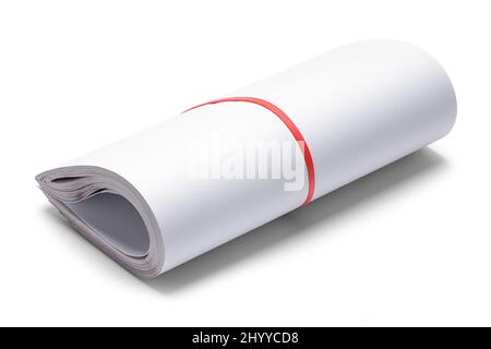 Rolled Folded Newspaper Cut Out on White. Stock Photo
