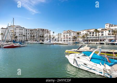 Beautiful panoramic view of 'Puerto de la Duquesa'. Yachts and boats docked in the Harbour. Luxury Apartment Urbanisation and Restaurants. Stock Photo