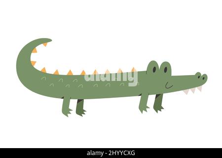 Cute african crocodile crawling and smiling, flat cartoon illustration in scandinavian style. Funny animal illustration, vector drawing isolated on Stock Vector