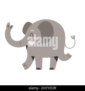 Cute african elephant waving trunk, funny comic animal dancing and smiling, cute cartoon character for nursery, isolated vector illustration Stock Vector