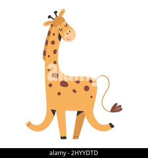 Cute african giraffe dancing and smiling, Vector drawing in scandinavian style. Vector illustration isolated on white background Stock Vector