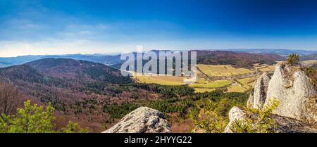 Mountain landscape in spring time. View from the hill called Zibrid in The National Nature Reserve Sulov Rocks, Slovakia, Europe. Stock Photo