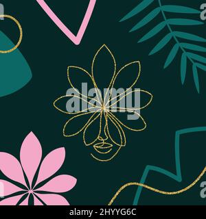 Abstract background with line art tropical leaves. Stock Vector