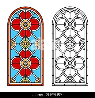 Arched vintage old window with stained glass Stock Vector