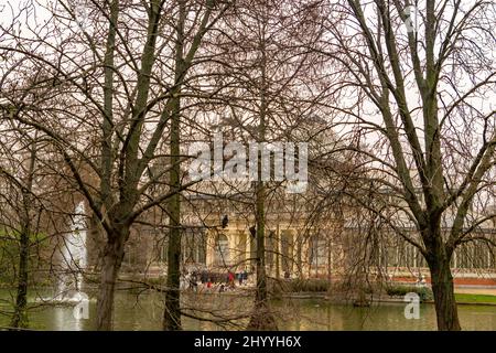 Dust haze of the Sahara desert in Madrid. The capital of Spain covered by the dust of the Sahara desert covering monuments and streets. Stock Photo