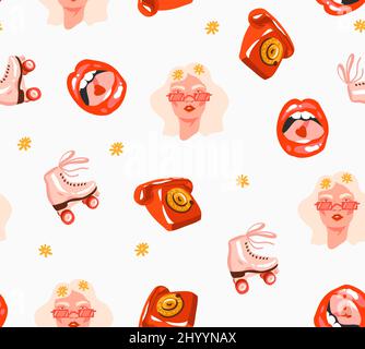 Hand drawn vector abstract stock flat graphic illustration print with retro ,vintage boho modern seamless pattern with retro hippie illustrations on Stock Vector