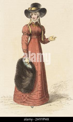 Fashion Plate, ‘Promenade Dress’ for ‘The Repository of Arts’. Rudolph Ackermann (England, London, 1764-1834). England, London, February 1, 1825. Prints; engravings. Hand-colored engraving on paper Stock Photo