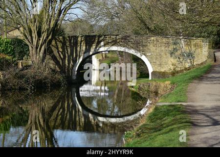 Reflections and shadows, on canal bridge,  Leeds and Liverpool canal, Dowley Gap, Bingley