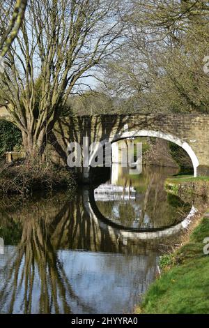 Reflections and shadows, on canal bridge,  Leeds and Liverpool canal, Dowley Gap, Bingley