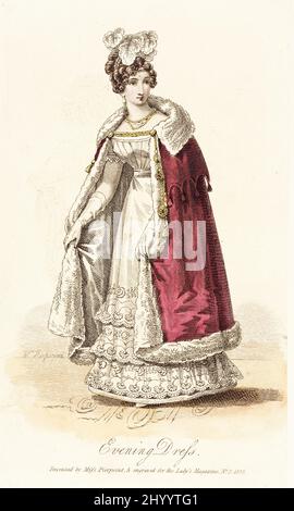 Regency lady in evening dress, 1814. She wears her hair in ringlets,  strings of pearls, red dress with lace sleeves and decoration, and carries  a white shawl. Handcoloured lithograph from Thomas Hailes