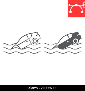Car sinking line and glyph icon Stock Vector