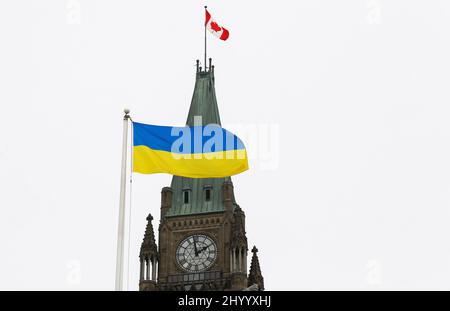 The Ukrainian flag is seen in front of the Peace Tower on Parliament Hill after Ukraine's President Volodymyr Zelenskiy addressed Canada's parliament in Ottawa, Ontario, Canada March 15, 2022.  REUTERS/Patrick Doyle