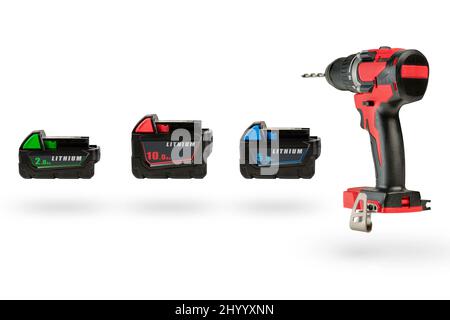 Batteries for cordless tools, a large set of tools from different angles. Batteries for a screwdriver of different capacities and different sizes Stock Photo