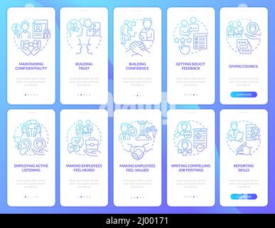HR skills blue gradient onboarding mobile app screen set Stock Vector