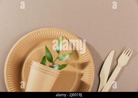 Disposable tableware from natural materials, wooden fork, knife. Biodegradable plate, Compostable cutlery Stock Photo