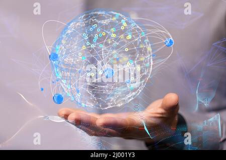 Businessman holding a floating render of a colorful global network Stock Photo