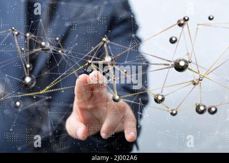 Businessman working on a digital render of a connected global network Stock Photo