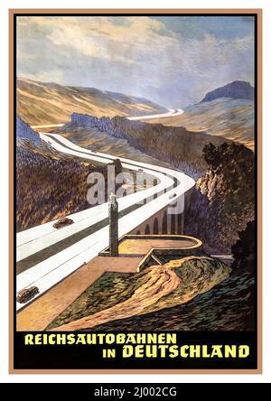 1930’s Vintage Nazi Germany Autobahn Travel Poster Poster of the Reichsbahn Autobahn Motorway headquarters for German tourist traffic Berlin, Germany 1936 The Hirschberg Saale Bridge site was featured in Nazi propaganda posters advertising the German Autobahn highway system with Swastika emblem on a rest area pillar Stock Photo