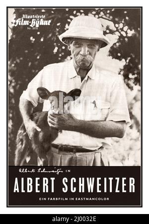 Albert Schweitzer film promo signed poster card promoting 1957 film ' Albert Schweitzer',  Albert Schweitzer is a 1957 American biographical documentary about Albert Schweitzer directed by Jerome Hill. It won the Academy Award for Best Documentary Feature for 1958 Alsatian medical missionary and theologian, philosopher and musician (1875-1965) Film directed by Jerome Hill and filmed by Erica Anderson. Directed by Jerome Hill Written byAlbert Schweitzer Thomas Bruce Morgan Produced by Jerome Hill  Narrated by Fredric March Burgess Meredith Cinematography Erica Anderson Edited by Luke Bennett Stock Photo