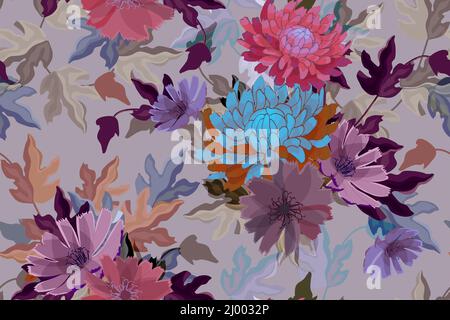 Vector floral seamless pattern with chrysanthemum, asters and chicory flowers.  Stock Vector
