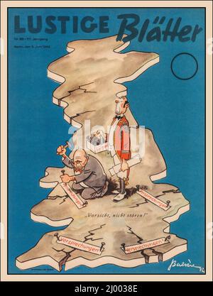 Nazi Germany 1942 WW2 Propaganda Colour illustration of Prime Minister Winston Churchill shown patching up map of the British Isles with patches titled 'promises'. Main Title 'Caution do not disturb'  World War II Second World War Berlin Nazi Germany Stock Photo