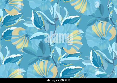 Vector floral seamless pattern. Yellow-blue flowers and leaves on a blue background. Stock Vector