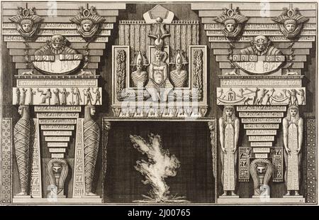 Chimneypiece in the Egyptian style: Two mummies in profile on the left and two figures bearing obelisks on the right.. Giovanni Battista Piranesi (Italy, Mogliano, 1720-1778). Italy, 1769. Prints; engravings. Etching Stock Photo