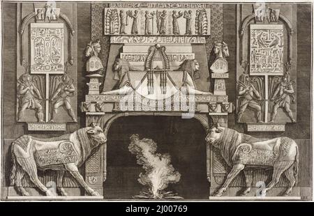 Chimneypiece in the Egyptian style: Lintel with addorsed Sphinxes flanked by bulls in profile.. Giovanni Battista Piranesi (Italy, Mogliano, 1720-1778). Italy, 1769. Prints; engravings. Etching Stock Photo