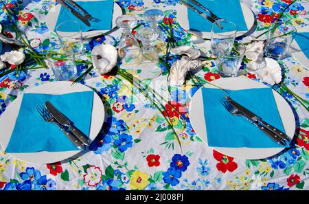 Summer lunch table settings with sea shells and grass on colorful tablecloth Stock Photo