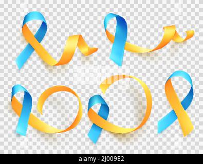 World Down Syndrome day. March 21. Realistic blue yellow ribbon symbol. Template for poster. Vector illustration. Stock Vector