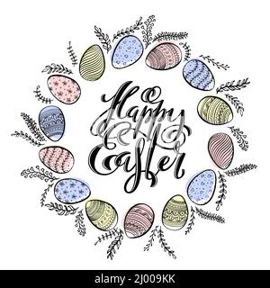 Card template for Happy Easter with hand drawn calligraphy and decorative easter eggs with pattern. Vector illustration. Stock Vector