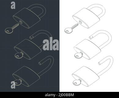 Stylized vector illustrations of drawings of padlock with key in different positions Stock Vector